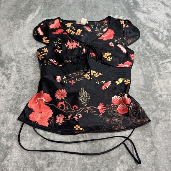 Miss Me Tops - VTG Y2K Miss Me Floral Babydoll Tie Top Size L Grunge Whimsy Goth Rave Retro